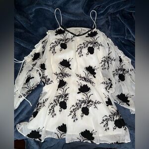 Alice + Olivia White Chiffon Camisole with Black Floral Embroidery